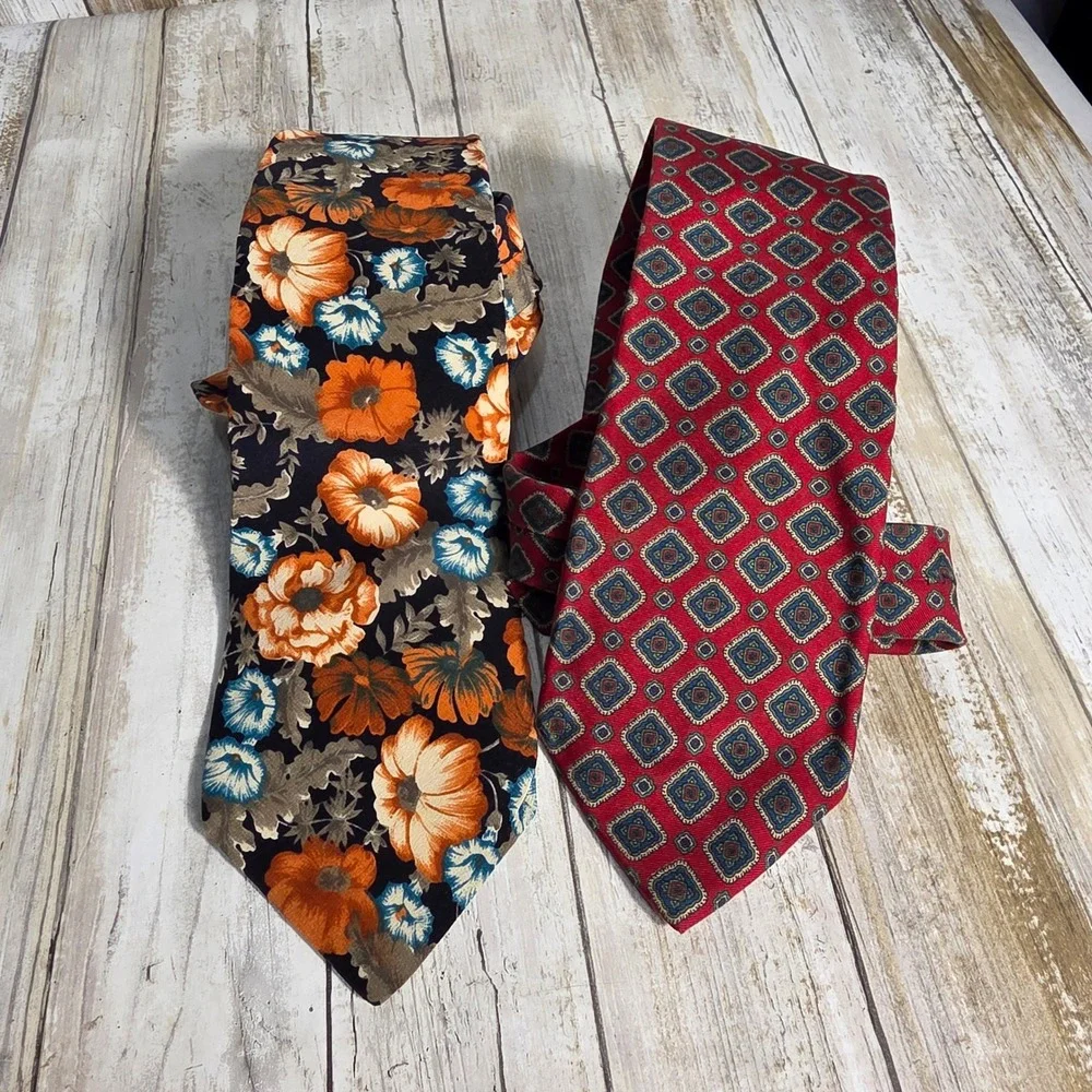 Harve Benard Men Silk Necktie Lot 2 Floral Orange Blue Red Geometric Diamond Tie